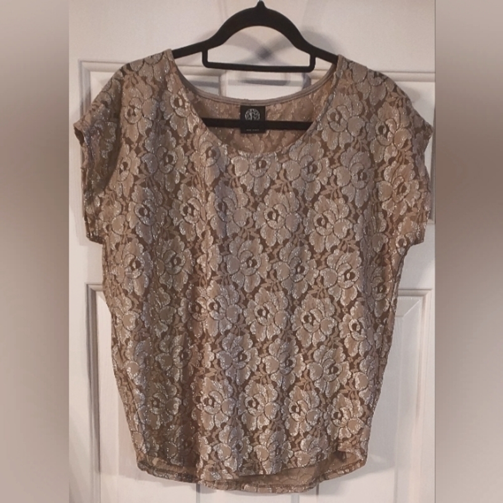 Bobeau Sheer Gold And Silver Metallic Threading Cap Sleeve Top S